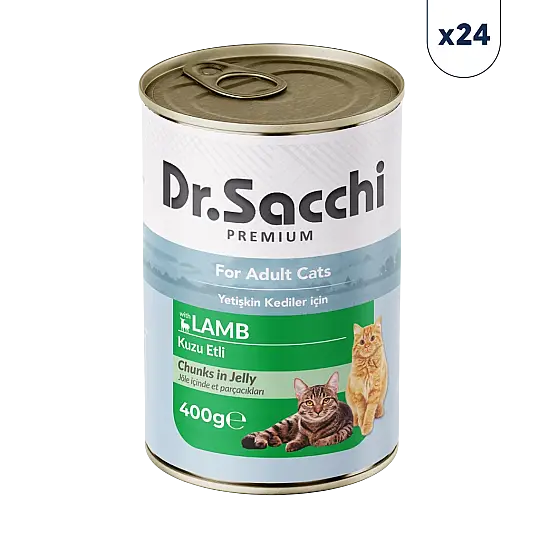 Dr. Sacchi Jöle İçinde Et Parçalı Kuzu Etli Yetişkin Kedi Konservesi 400 gr 24'lü 