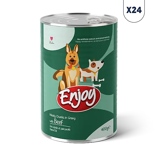 Enjoy Sos İçinde Et Parçacıklı Dana Etli Yetişkin Köpek Konservesi 400 gr 24'lü