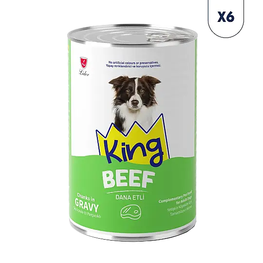 King Sos İçerisinde Et Parçacıklı Dana Etli Köpek Konservesi 400 gr 6'lı