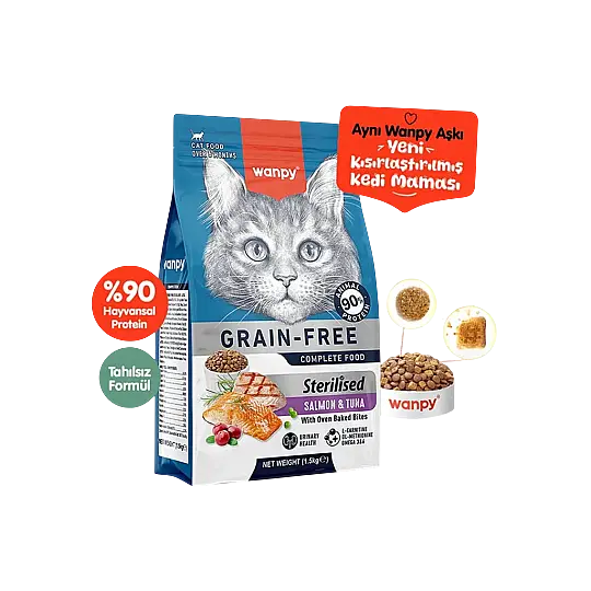 Wanpy Somon ve Ton Balıklı Tahılsız Kısırlaştırılmış Kedi Maması 1,5 kg